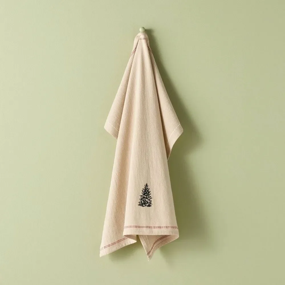 Hearth & Hand Embroidered Tree Design with Red stitched edging Kitchen Towel